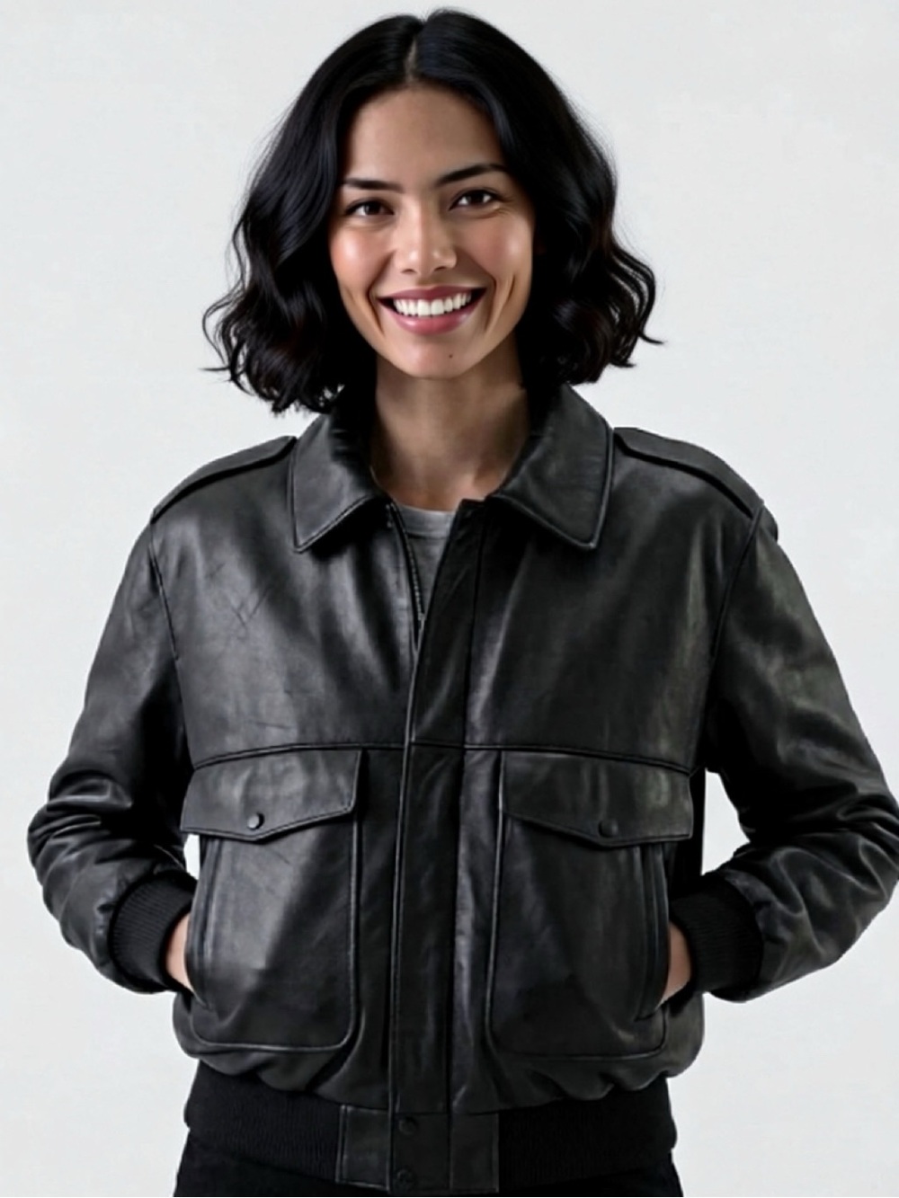 Gino Leather Vintage Classic Black Leather Bomber Jacket - Women's